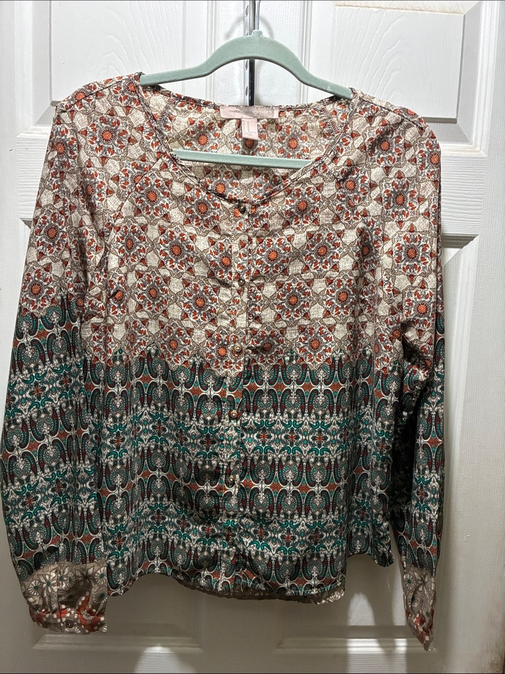 Forever 21 Printed Long-Sleeve Blouse - Cream, Rust & Teal